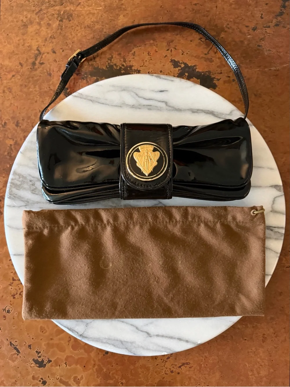 Vintage Gucci Black Patent Leather Clutch with Gold Crest